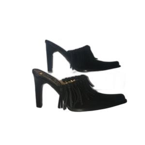 VINTAGE Vis a Vie Black Suede Fringe Mules Heels Bootie Square Toe Shoes Size 7